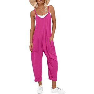 Women Hot Pink Casual Summer Overall Sleeveless Spaghetti Strap Romper Jumper